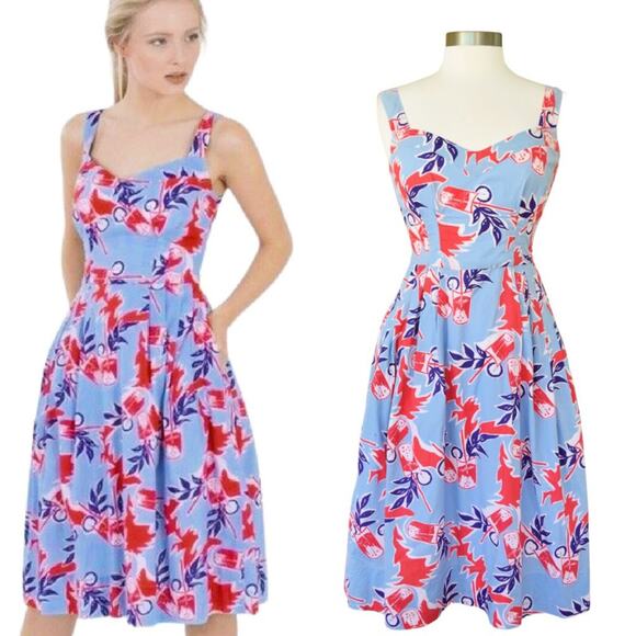 Modcloth Emily and Fin Valerie Retro Midi A-line Dress Blue Cocktail Print - Picture 1 of 8